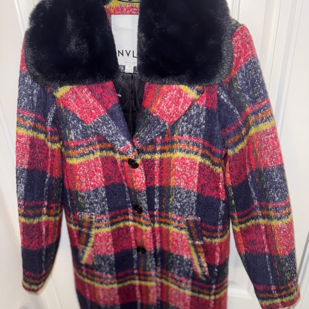 Anthropology NVLT Navy and Red Plaid Coat with Faux fur Collar new! - Picture 5 of 13